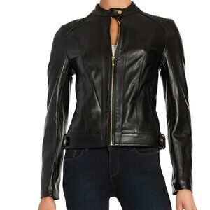 NWOT $495 Cole Haan Black Lambskin Leather Moto Zip Jacket Medium